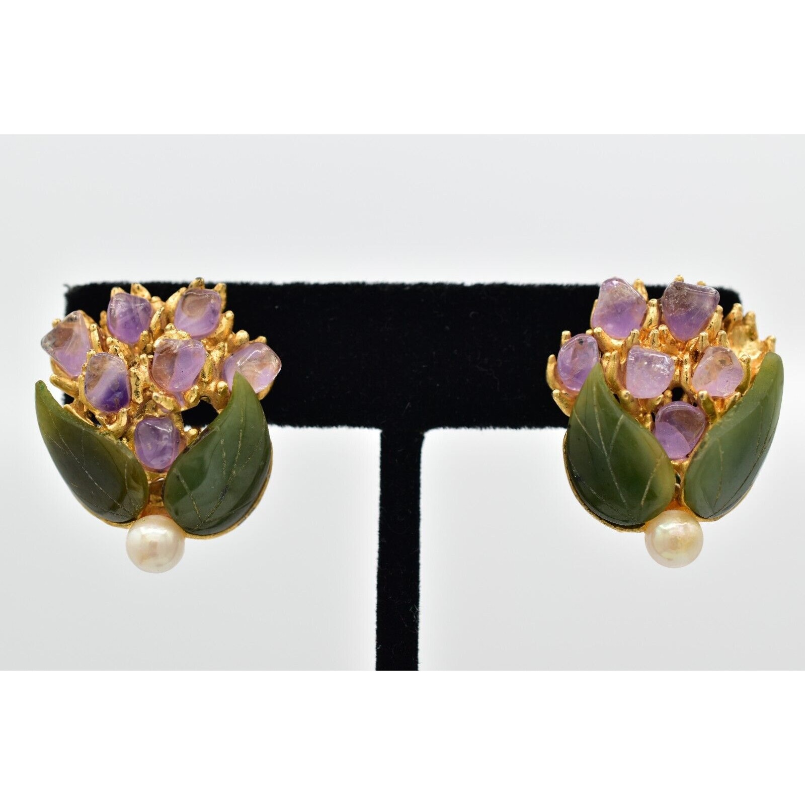 Swoboda Vintage Clip On Earrings Pearl Amethyst Jade Semi-Precious Signed 60s 9l